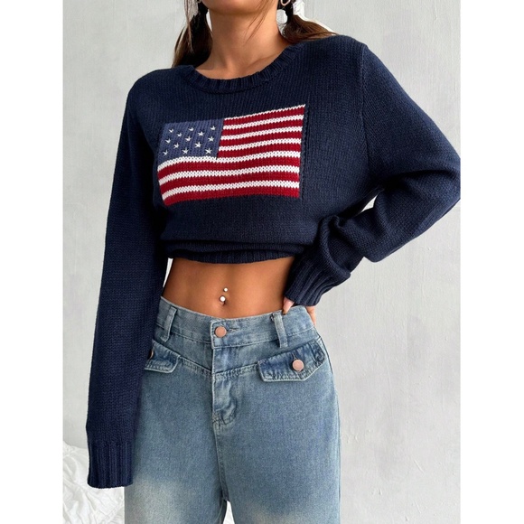 American Flag Knit Navy Blue Pullover Sweater Crew Neck Long Sleeve Drop Shoulde - Picture 6 of 8